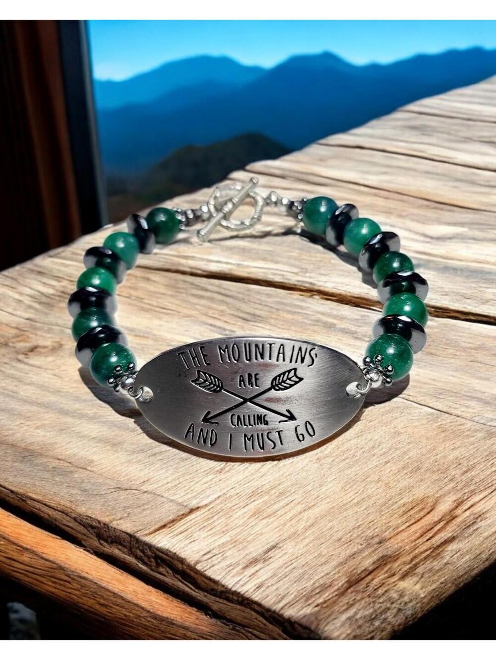 Jadeite Hematite Beaded Bracelet: Engraved Outdoorsman Jewelry